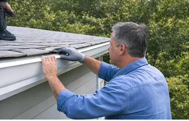 Technician repairing a white gutter along a roofline