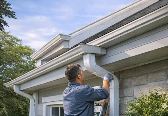 Installer attaching a new white gutter along a roof edge