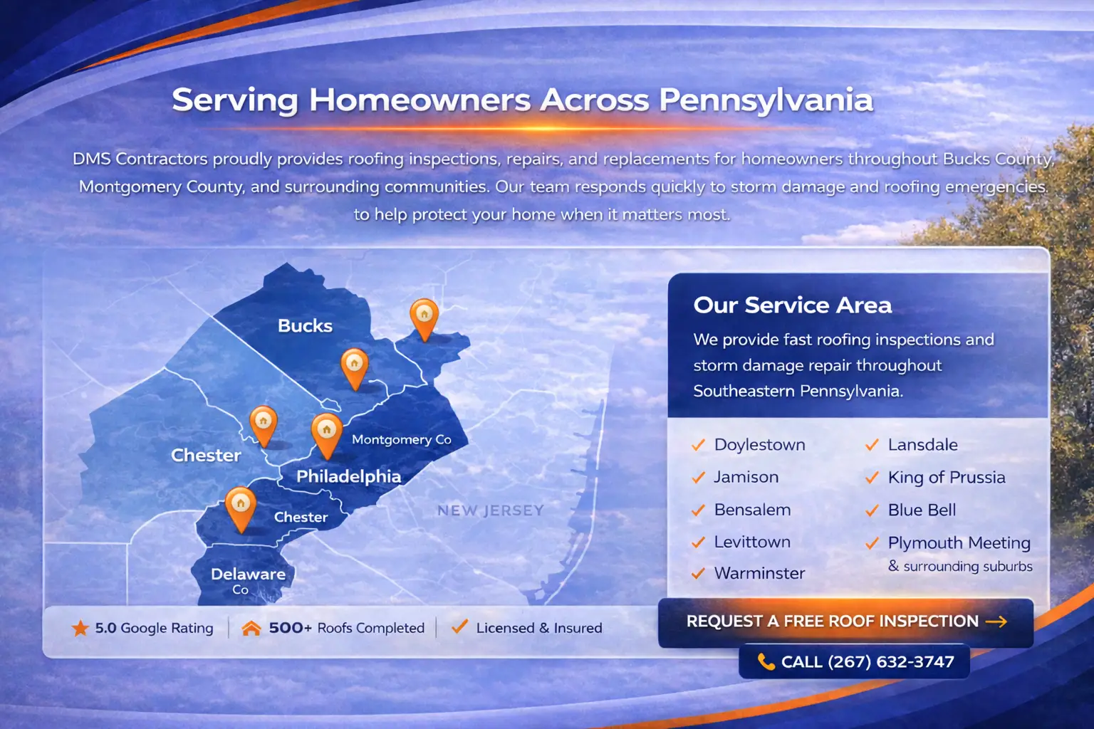 Map of the DMS Contractors service area in Southeastern Pennsylvania with towns including Doylestown, Jamison, Warminster, Lansdale and Blue Bell