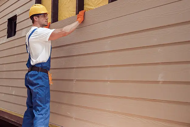 Installer fitting wood-look composite siding panels