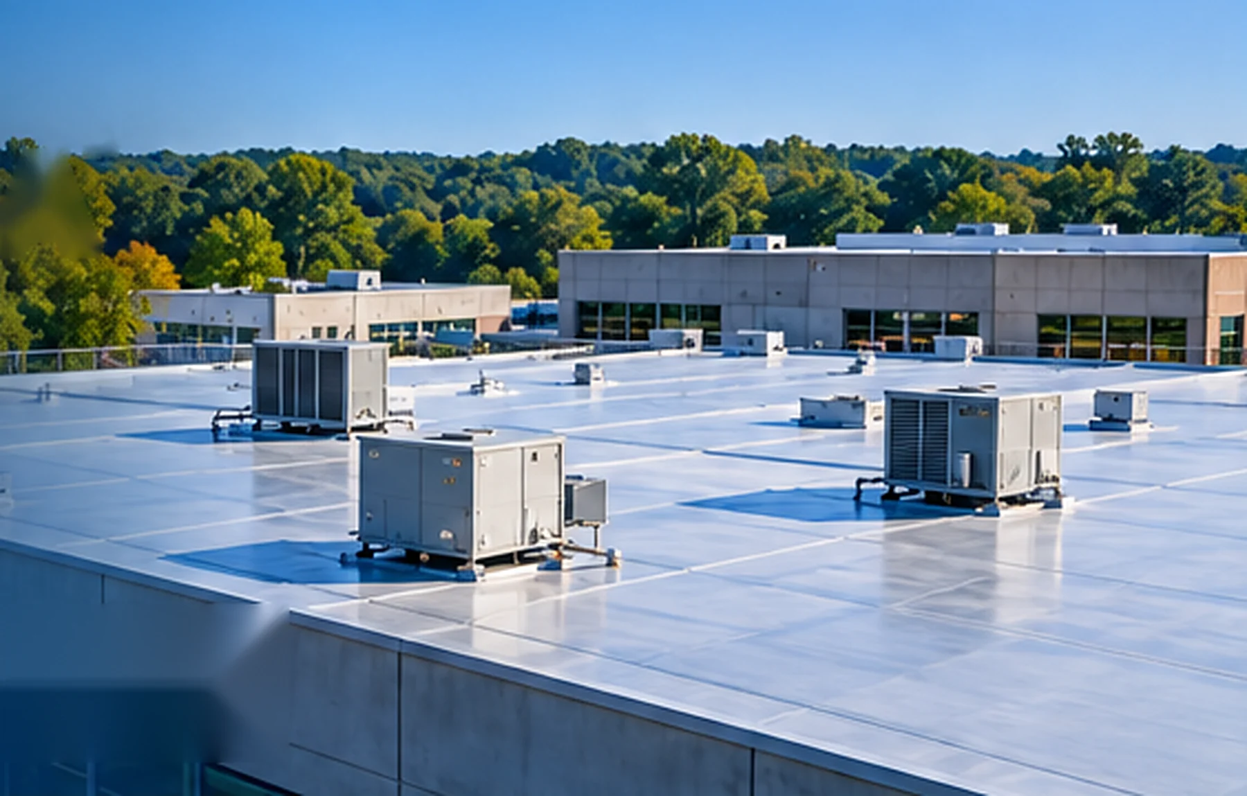 Commercial roofing in Bucks County and Montgomery County PA: flat membrane roof with rooftop HVAC units