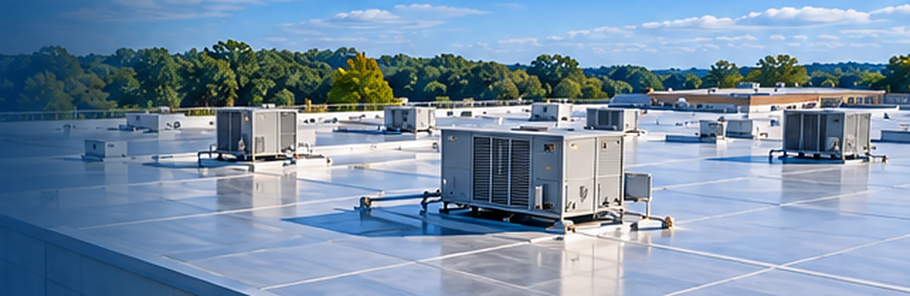 Commercial roof inspections and maintenance on a flat roof with HVAC units