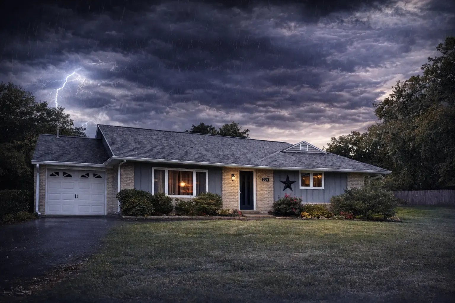 Home with an asphalt shingle roof under storm clouds in Bucks County PA